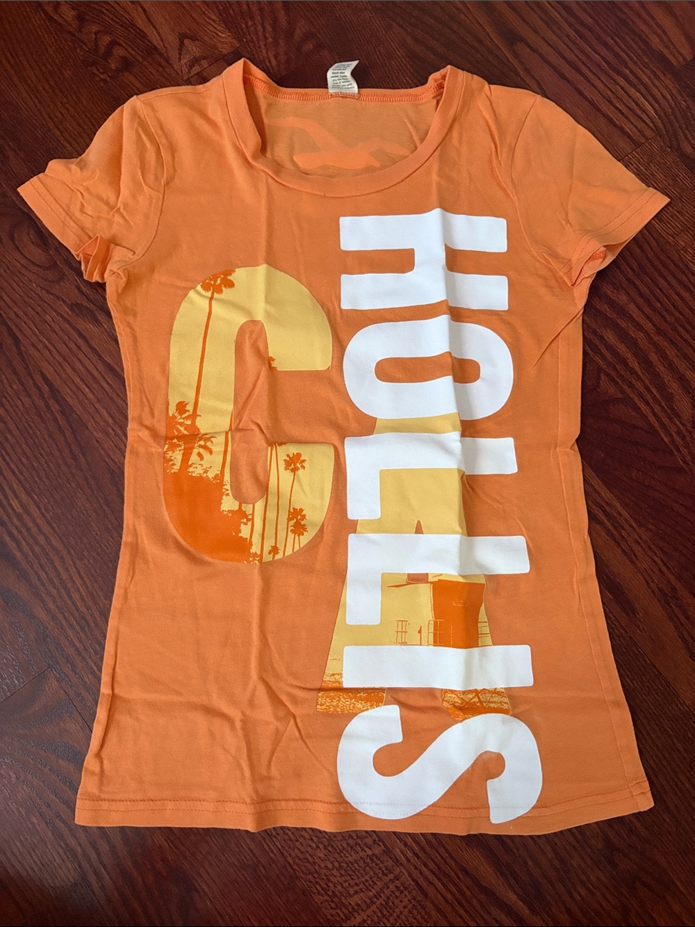 Hollister Orange Short Sleeve Logo Tee with White and Yellow Graphic